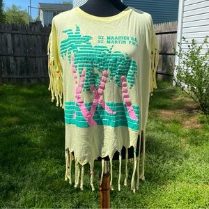 Vintage 90’s  St. Martin’s Palm Tree Fringe Beaded T-shirt Cover-Up